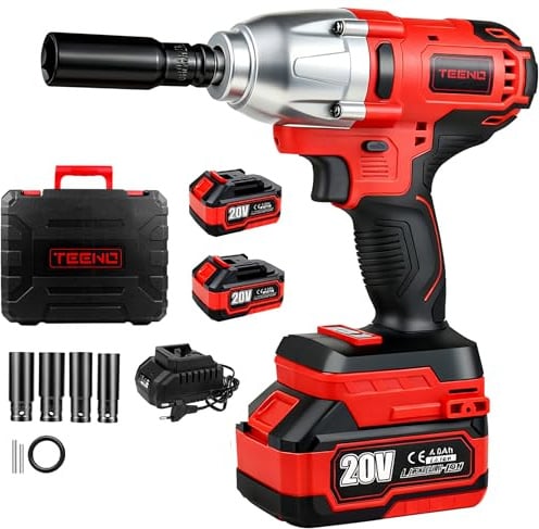 TEENO Llave de impacto inalámbrica brushless 20V 1/2 Resistente - Torque máximo 600N.m, 1×4.0Ah Baterías + Cargador + Compresor de aire + 4 boquillas, para reparación automotriz