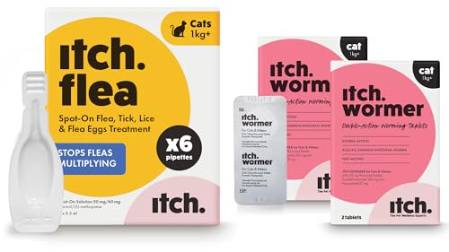 Itch - Cat Flea and Wormer Bundle for 1kg+ Cats - 6 Flea Treatment Pipettes and 4 Worming Tablets