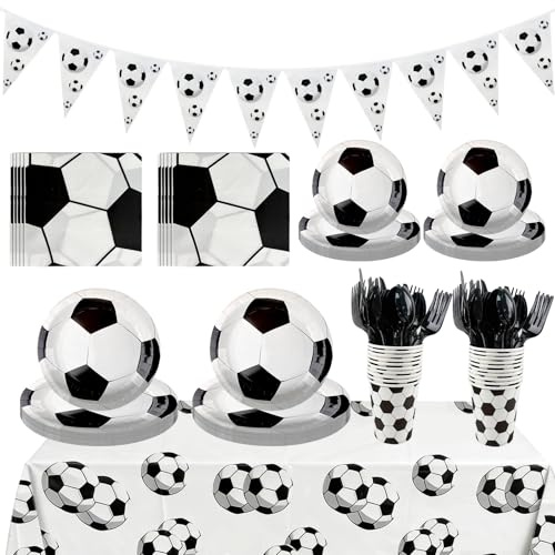Morofme 72 Stück Fußball Partygeschirr Set, Schwarz Weiß Pappteller Kindergeburtstag, Fußball Geburtstag Deko mit Partyteller, Banner, Tischdecke, Besteck, Pappbechern, Servietten für 10 Gäste