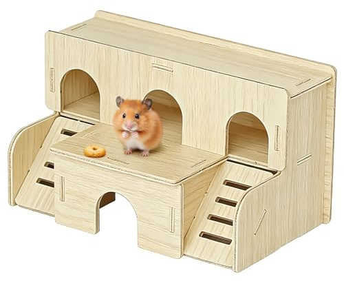 Wooden Hamster House, Fun Hamster Hides, Hamster Toys with Platform & Stairs, Small Animal Hideout for Syrian Dwarf Hamsters Gerbils Mice, Durable Hamster Cage Accessories for Hamster Enrichment