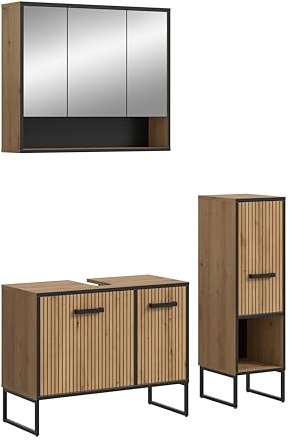 xonox.home – Badkombination Bagno 125x192x36 cm in Artisan Oak Nachbildung – 3-teiliges Set inkl. Waschbeckenunterschrank, Standschrank & Spiegelschrank – Elegante Möbelkombi