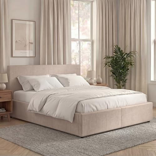 Vida Designs Veronica King Ottoman Bed Frame | Beige Linen | 82 H X 159 W x 210 D cm (5ft) | Upholstered Linen Headboard | Gas-Lift | Large Storage | Slatted Base | Premium Bedroom Furniture