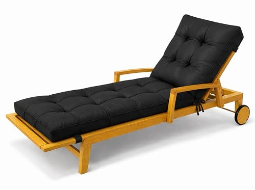 POKAR Liegenauflage 200x60x13 cm | Wasserabweisend | Gesteppte Sonnenliege Auflage | Polsterauflage für Liegestuhl und Deckchair | Outdoor Kissen für Gartenliege | Oeko-TEX | Made in EU | Schwarz