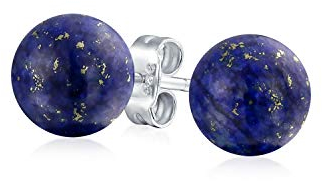 Einfache Schlichte Dunkelblaue Lapislazuli Edelstein Rundkugel Ohrstecker Für Frauen Und Männer .925 Sterlingsilber 8MM