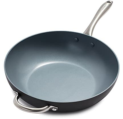 GreenPan Lima Wokpfanne aus harteloxierter gesunder Keramik, antihaftbeschichtet, 31,8 cm, mit Hilfsgriff, PFAS-frei, ofenfest, grau
