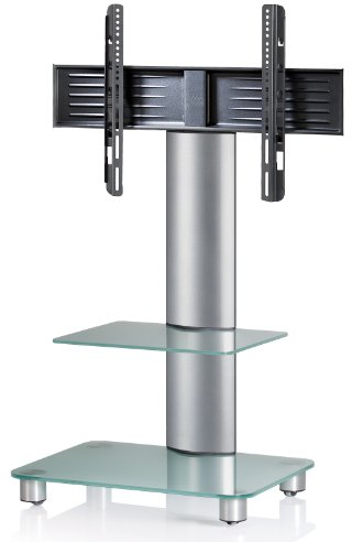 VCM TV-Standfuß LED Halterung Ständer Fernseh Standfuss Alu Glas Universal Silber VESA Mobil Rollen Tosal Zwischenboden