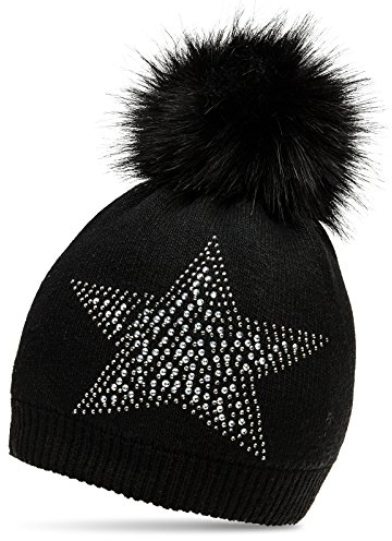 Caspar MU159 Damen Fein Strick Winter Mütze mit Kunstfell Bommel und Glitzer Strass Stern, Farbe:schwarz, Größe:One Size