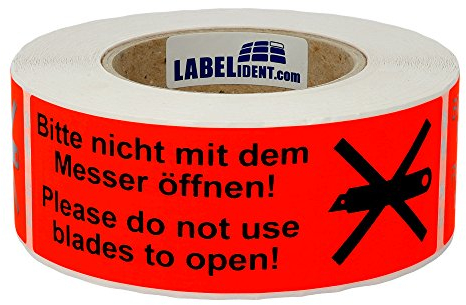 Warnetiketten 150 x 50 mm - Paket Aufkleber Bitte nicht mit dem Messer öffnen/Please do not use blades to open - 500 Versandaufkleber auf 1 Rolle(n), Papier selbstklebend