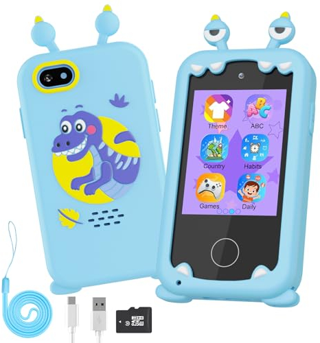 Diswoe Kid Phone Spielzeug Kinder 3–12 Jahren, Reisespielzeug MP3-Player mit Dual-Kamera, Touchscreen, Spielen, Lernspielzeug Weihnachten und Geburtstagsgeschenke für Jungen 3,4,5,6,7,8,9 mit 8GB SD