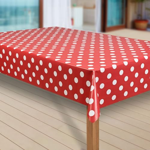laro Wachstuch-Tischdecke Abwaschbar Garten-Tischdecke Wachstischdecke PVC Plastik-Tischdecken Eckig Meterware Wasserabweisend Abwischbar G07, Muster:Punkte rot, Größe:140x300 cm