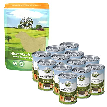Bellfor Set Landgut-Menü Hundefutter Nass mit Insekten 6x400g und Nierenkraft Pulver Nahrungsergänzung 80g Optimal für ernährungssensible Hunde