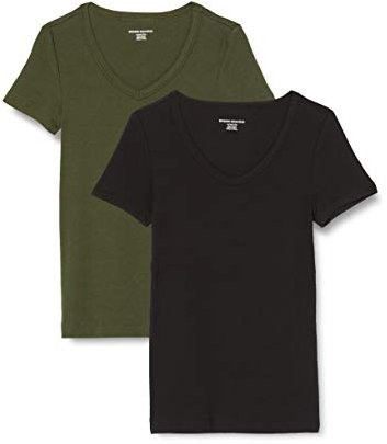 Amazon Essentials T-Shirt con Scollo a v a Maniche Corte Slim Donna, Pacco da 2, Verde Oliva Scuro/Nero, L