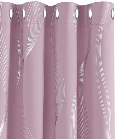 Deconovo Lot de 2 Rideau Occultant Thermique Anti Froid Oeillet Isolant avec Motif Argente Rose Pale 168x183cm Rideaux Salon