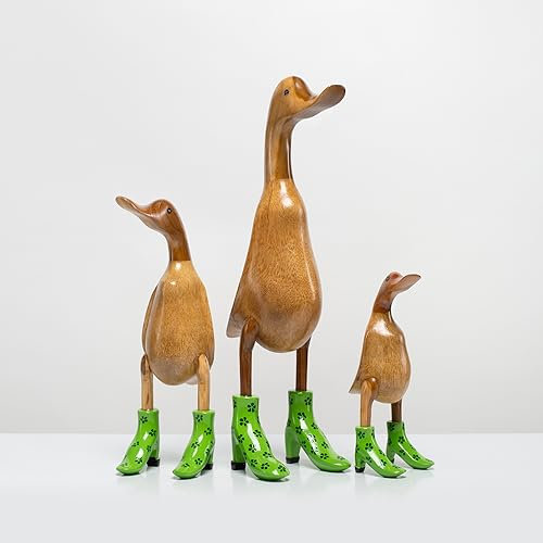 Rikmani - Holzfigur Ente Stiefel Absätze Grün Geblümt - Handgefertigte Dekoration aus Holz Geschenk Figur Set