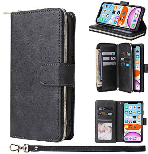 ZCDAYE Leather Phone Case for iPhone 11 Pro Wallet Case, Black | Practical Flip Case with Card Holder, Wrist Strap, Zipper Pocket, Magnetic Closure, Elegant Women Cases Phone Cover Holster