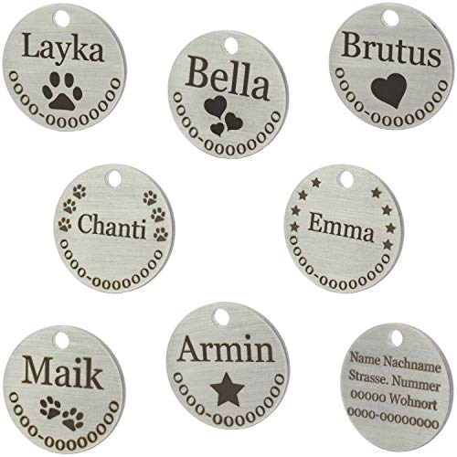Hundemarke mit Gravur 30 mm, viele Motive | optional beidseitige Gravur | Pfote, Herz, Stern, Totenkopf, Sternschnuppe, Kreuz | Tiermarke für Hunde, Katzen, Welpen, Pferde