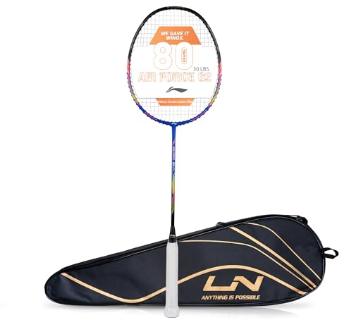 Li-Ning Air Force 80 Lite Badmintonschläger aus Kohlefaser mit vollständiger Schlägerhülle (blau/schwarz), für fortgeschrittene Spieler, 80 Gramm, maximale Saitenspannung – 13,6 kg