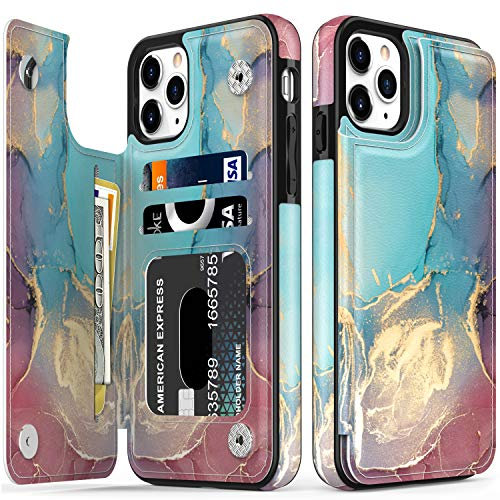 LETO for iPhone 11 Pro Max Case,Leather Wallet Case Flip Folio Cover with Fashionable Designs for Girls Women,Card Slots,Protective Phone Case for iPhone 11 Pro Max 6.5 Opal Marble Blue Purple
