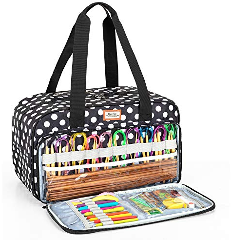 CURMIO Borsa portaoggetti in lana per filati, borsa per il trasporto per progetti a maglia, ferri da maglia e altri accessori (senza accessori inclusi), punto bianco