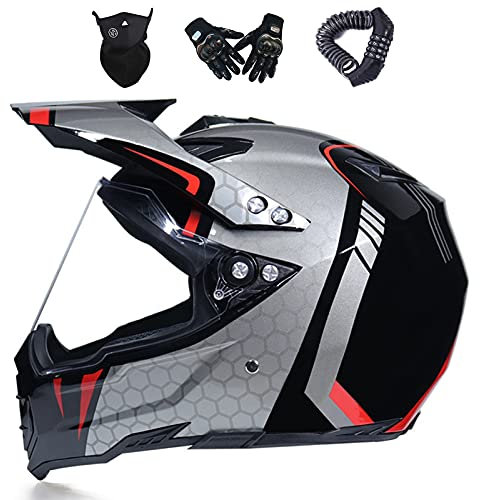 VOMI Casque de Motocross Set Adultes Casque BMX Unisexe avec Gants, Masque et Serrure de Casque, 4 Pièces, Casques Moto Cross Enfants avec Visière, Casque VTT pour Quad Enduro Scooter,Rouge,M