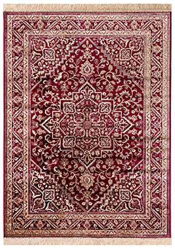 Carpeto Rugs Teppich mit Fransen Orientalisch in Creme Silber - Wohnzimmer Schlafzimmer - Klassisch Orient Muster dicht gewebt - Kurzflor Weiche Viskose - Faser 80 x 150 cm