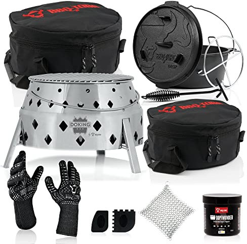 BBQ-Toro 11-teiliges Dutch Oven Set mit Dutch Oven Grill DOKING, Dutch Oven, Deckelheber, Untersetzer, Grill Aufbewahrungstasche, Tragetasche für Dutch Oven, Reinigungs Set, Grillhandschuh und mehr