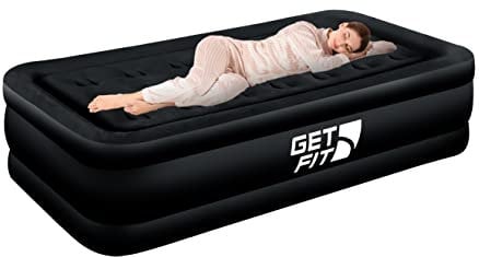 Get Fit Air Bed with Built In Electric Pump - Premium Single Size - Blow Up Bed with Free Pillow - Elevated Inflatable Air Mattress for Outdoor, Camping, Tents - Black Mono