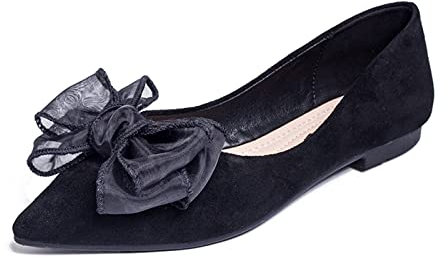 MACHSWON Womens Ballet Flats Pointed Toe Bow Faux Suede Ladies Black Slip On Ballet Pumps Dolly Shoes(Black, Size 5)