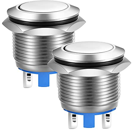 Gebildet 22mm Tête Plate SPST Momentané Bouton Poussoir Étanche, Auto-réinitialisation en Acier Inoxydable Bouton Poussoir Métallique, Bornes à Souder DC 6V/12V/36V/48VAC 110V/230V 3A 1NO