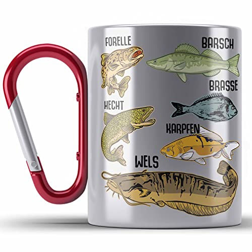 Trendation - Angler Fischer Edelstahl Tasse Karabiner mit Fischarten Geschenk Raubfische Hobbyangler Hecht Forelle Barsch Angeln Karabiner Edelstahl Tasse Karabiner Edelstahl (Rot)