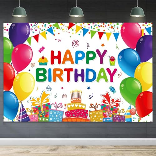 DIZHI Happy Birthday Banner Hintergrund, Bunte Party-Dekorationen für Kinder, Fotografie-Hintergrund für Jungen und Mädchen, Feiern, Ballon-Wandposter für Kuchen, Tischdekoration, 1,5 x 0,9 m