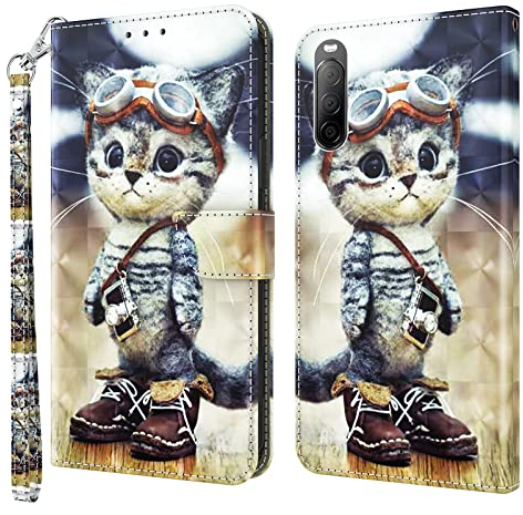GLANDOTU Lederhülle für Sony Xperia 10 II Hülle, Flip Wallet klappbar Handyhülle Multi-Muster Leder Tasche Kartensteckplätzen Schutzhülle für Sony Xperia 10 II Handyhülle -Kluge Katze