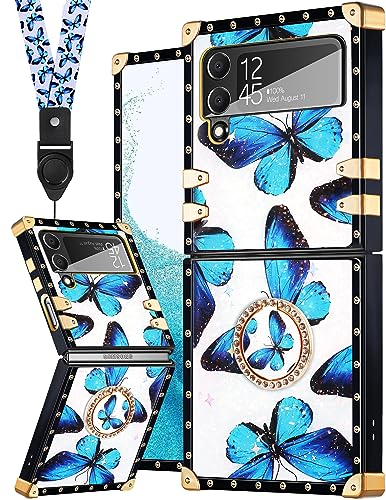 Loheckle Schutzhülle für Samsung Galaxy Z Flip 4 für Damen, Designer-Hüllen für Galaxy Z Flip 4, Handyhülle mit Ringständer und Umhängeband, stilvolle Schmetterlings-Schutzhülle für Samsung Flip 4