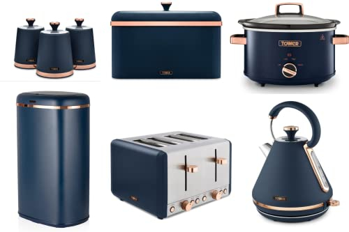 Tower Cavaletto Midnight Blue & Rose Gold Pyramid Kettle, 4 Slice Toaster, 3.5L Slow Cooker, Bread Bin, Set of 3 Canisters & Sensor Bin. Contemporary Matching Kitchen Set