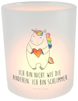 Mr. & Mrs. Panda Windlicht aus Glas Einhorn Herz - Geschenk, Pegasus, Einhörner, Freundin, böse, lustig, Windlicht Hochzeit, Teelichtgläser, anders,