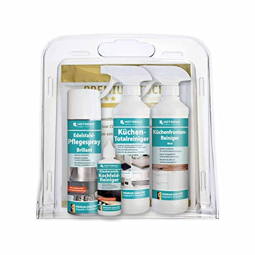 HOTREGA Küchenfronten-Reiniger matt 500ml, Edelstahl-Pflegespray 300ml, Kochfeld-Reiniger 100ml, Totalreiniger 500ml | inkl. Microfasertuch