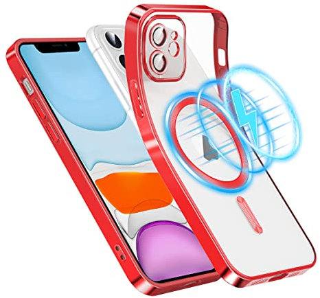 Cover Magnetica per iPhone 11 Trasparente, Custodia Compatibile con MagSafe, Protezione Fotocamera Cover Antiurto TPU Morbido Protettiva Antigiallo Custodia iPhone 11-6,1 Pollici-Rosso