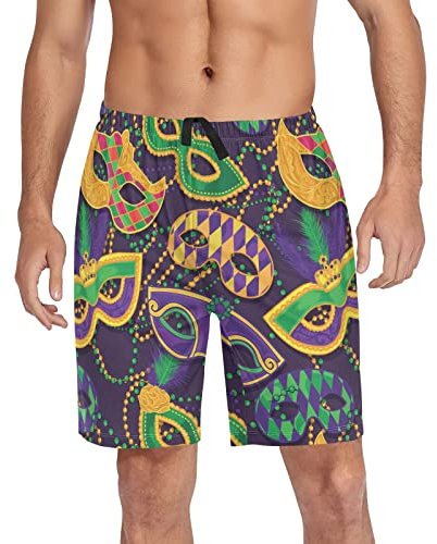 Wudan Mardi Gras Herren-Pyjamahose, bunt, Fleur de Lis, Schwarz, Lounge, kurze Hose, Pyjamahose mit Taschen, S, Bunte Maskenperle Karneval, X-Large