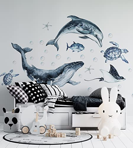 Ozeantiere Wandtattoo für Kinder und Kinderzimmer, Meerestiere Wandtattoo Ozean Leben mit Wal, Fische, Meeresschildkröten, Delphin Aufkleber
