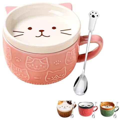 Regalos para mujeres,tazas de café Kawaii de gato rosa con tapas,regalos de cumpleaños de Navidad para niñas,amigos,mamá, taza de té de cerámica de animales novedosos,juego de platillos de postre