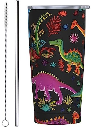 20oz Stainless Steel Tumbler with Lid and Straw Cartoon Dinosaur Printed Double Wall Vacuum Insulated Travel Coffee Mug for Home Office