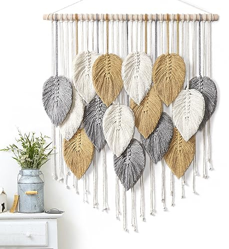 LOMOHOO Makramee Wandbehang Blätter Boho Wanddekor Böhmische Handgemachte Gewebte Wandkunst Dekoration für Schlafzimmer Wohnzimmer Wohnung Wohnheim Galerie Perfekte Handgemachte Geschenkideen 59,9 cm
