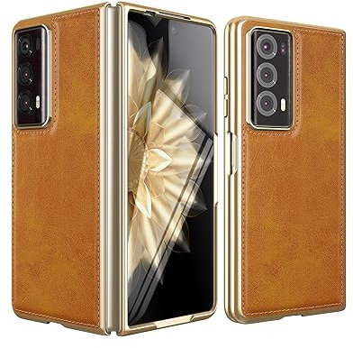 Foluu Étui en cuir pour Honor Magic V2 2023 – Ultra fin en cuir synthétique + pare-chocs arrière en polycarbonate rigide, cadre plaqué, protection d'écran avant intégrée, coque de protection durable