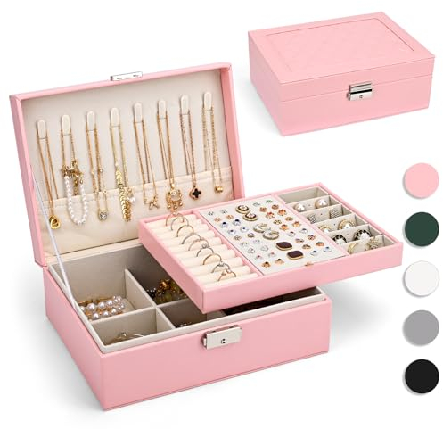 Yarmiene Portagioie Donna,Porta Gioielli da Viaggio con 2 Strati di Portagioie da Viaggio in Pelle PU,Scatole Portagioie Portatile Organizzatore per Riporre Orecchini,Anelli,Collane,Rosa
