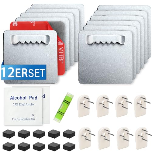 Bilderhaken Selbstklebend 12 Stk Bilder Aufhängen Ohne Bohren Bildaufhänger bis 4KG zum Klebehaken für Schwere Bilder Spiegelhalterung Wand Acrylglas Aufhängung Alu-Verbundplatten mit 53 Zusatzgeräten