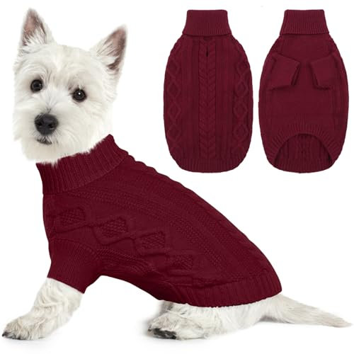 Lelepet Winter Hundepullover, Gestrickter Warmer Hundepulli mit Rollkragen, Weihnachtspullover für kaltes Wetter, Weiche Hundestrickwaren für Hunde, Hundemantel Sweater Haustier Bekleidung, Rot S