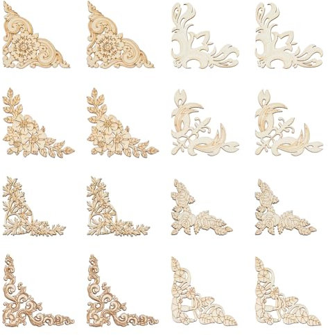SUPERFINDINGS 32 Stück 8 Stil Blumenblatt Holzrahmen Ausgehöhlte Unbehandelte Holzstücke Geschnitzte Onlay Applikationsrahmen Für Bilderrahmen Fenster Heimdekorationszubehör