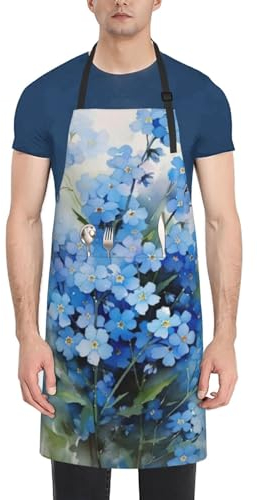 BeNtli Küchenschürzen, Kochschürze mit Taschen, wasserdichte Kochschürze, verstellbare Latzschürzen, Aquarell-Vergissmeinnicht-Blumen
