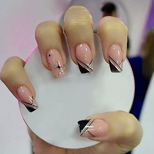 JUSTOTRY 24 Pcs Black Striped Press on Nails Short with Stars Designs,Glossy False Nails Square,French Squoval Stick on Nails for Women and Teens,Fake Nail Medium for Nail Art
