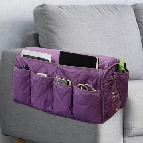 DECKALY Sofa-Armlehnen-Organizer, Couch-Fernbedienungshalter mit 14 Taschen, wasserdicht, rutschfest, für TV-Fernbedienungen, Caddy, Bücher, Zeitschriften, iPad (lila)